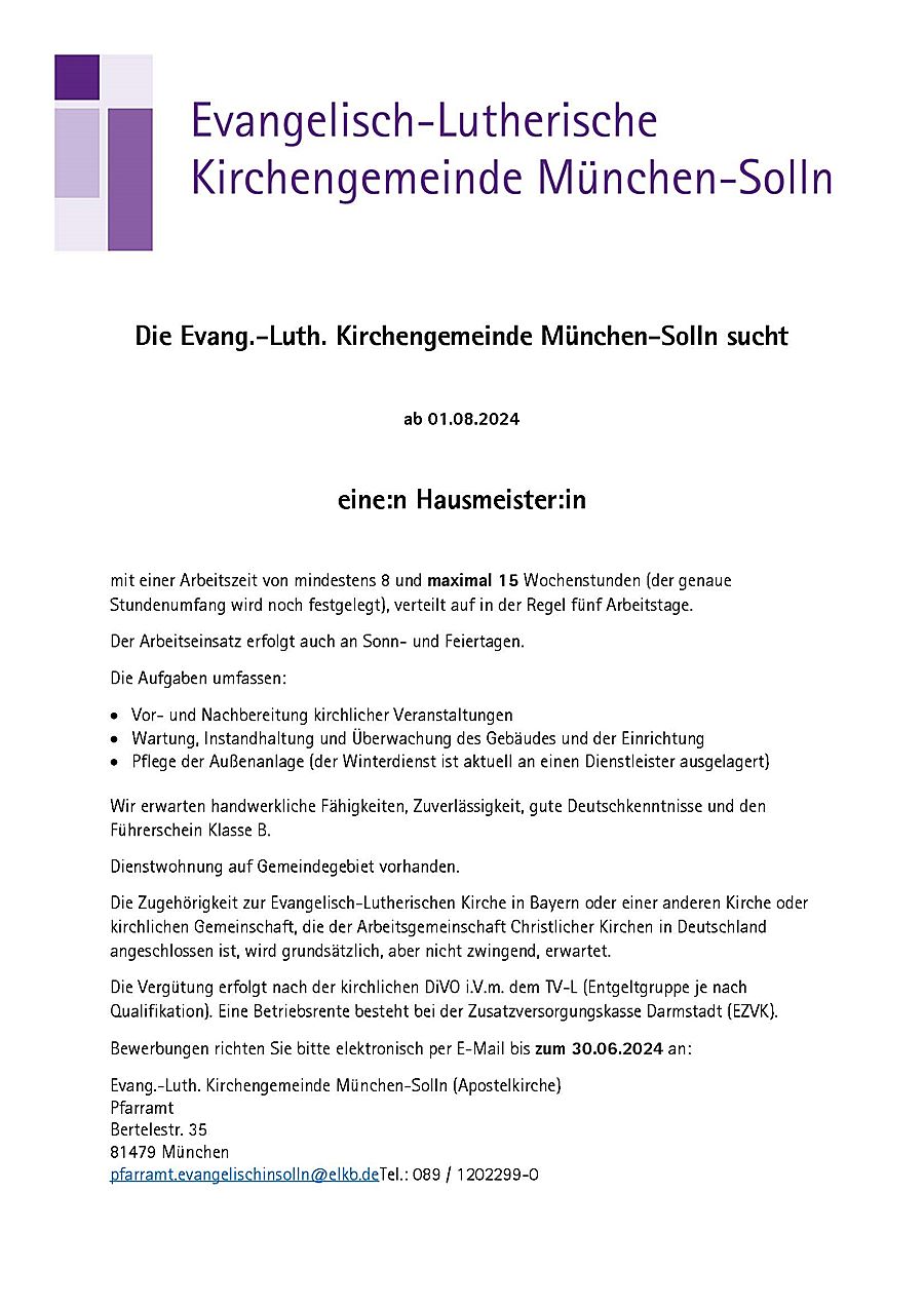 Stellenausschreibung Hausmeister (w/m/d) für die Evangelischen Kirche München Solln