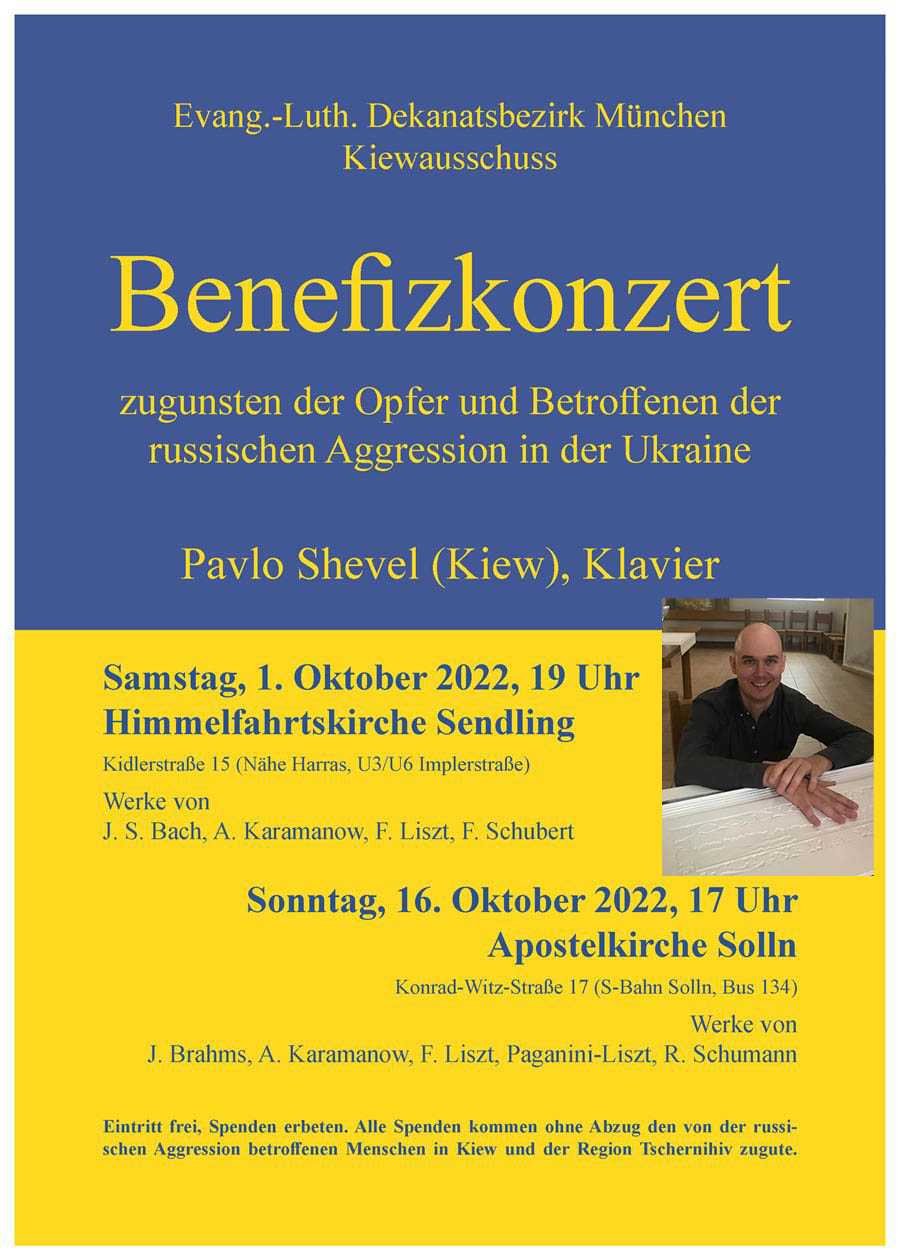 Benefizkonzert für die Ukraine mit Pavlo Shevel am 1. Oktober 2022, 19:00 Uhr Himmelfahrtskirche Sendling